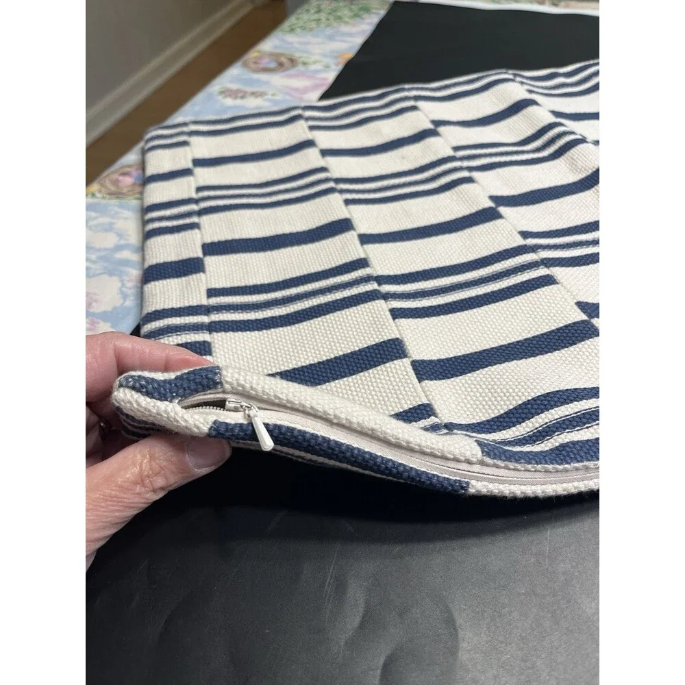 Pottery Barn Linen Cotton Blue White Off Striped Lumbar Pillow Cover 16x26”